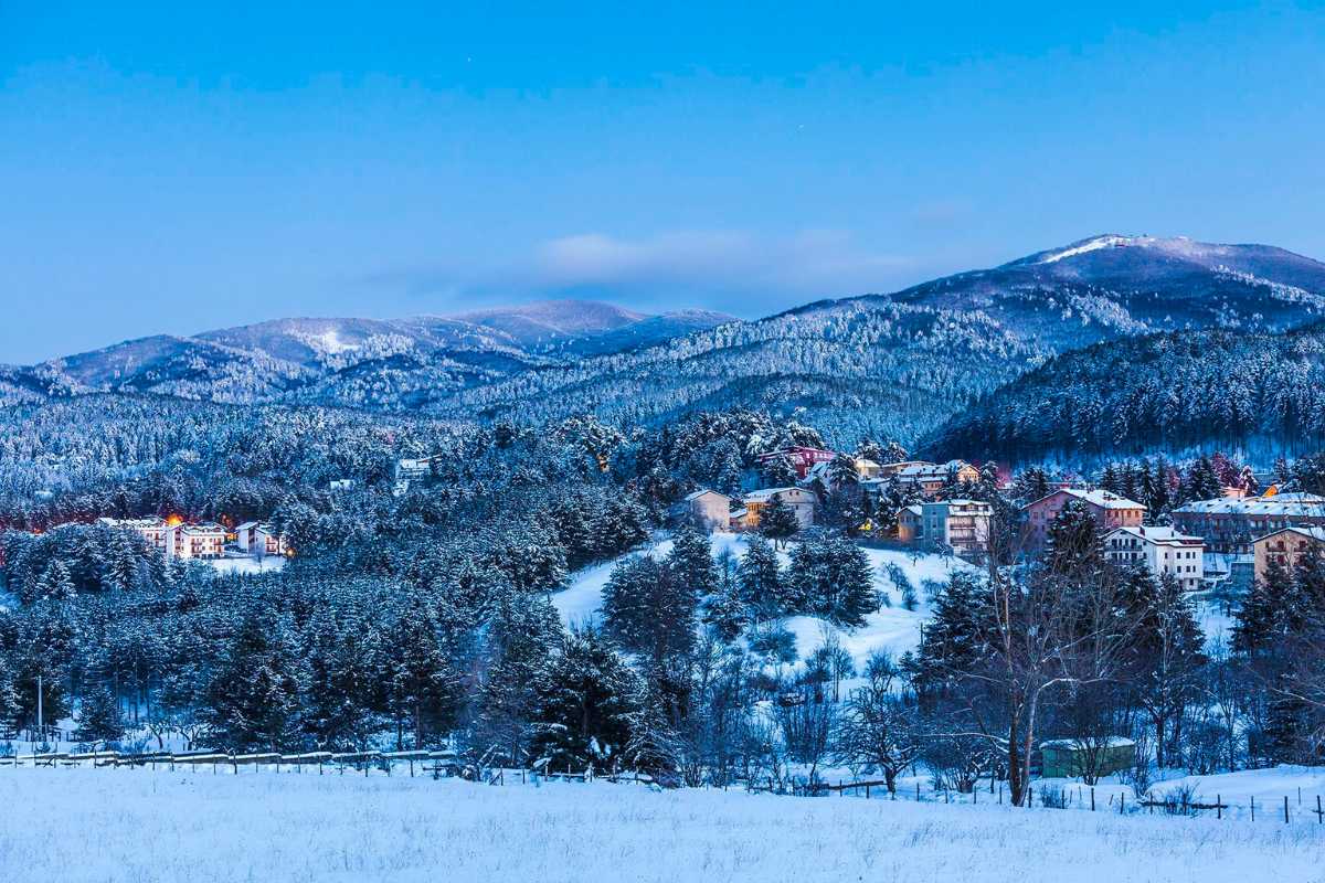 Vista panoramica di Camigliatello Silano con famiglie che si divertono in natura