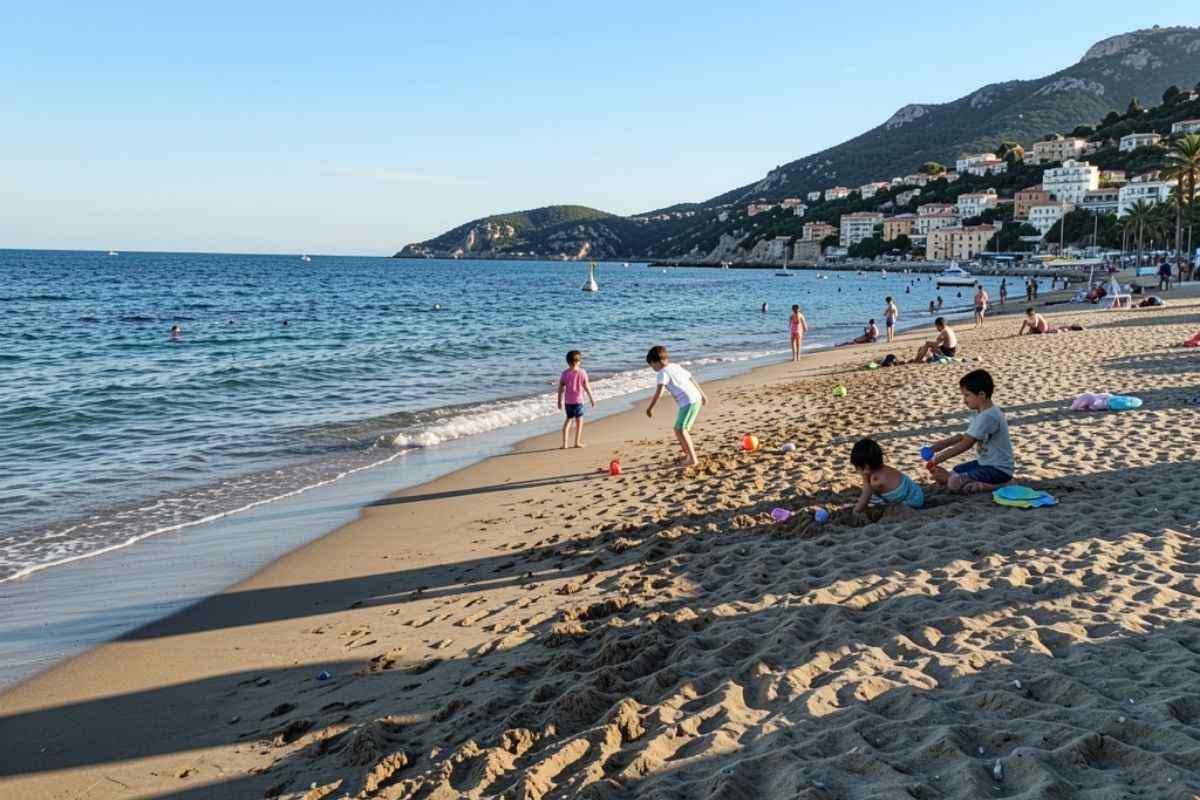 Vista panoramica della spiaggia di Soverato con bambini che giocano sulla sabbia